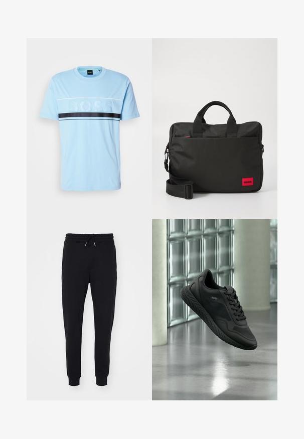 Lyseblå bomulds t-shirt med rund hals, der har et tekstureret "BOSS" logo i midten og en sort vandret stribe tværs over brystet.; Sorte sweatpants lavet af blødt stof, med elastisk talje og snøre, sidelommer og afsluttende tætsiddende manchetter ved anklerne.; Sort BOSS sneaker med mesh og læderdetaljer, svævende over en poleret gulv mod vægge af glasblokke.; Sort nylon laptoptaske med dobbelte topgreb, justerbar skulderrem, rød logoaccent og tekstureret frontpanel samt lynlåslukket hovedrum.