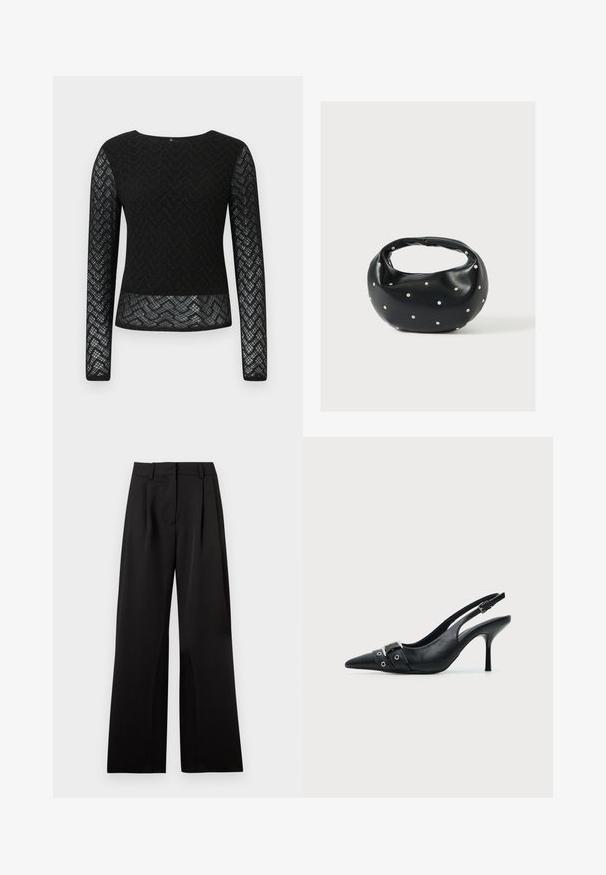 Camiseta negra de manga larga hecha de encaje con un patrón en zigzag. Presenta un escote redondo y un diseño transparente en las mangas y el dobladillo.; Pantalones de pierna ancha en negro, con una textura suave, que presentan pliegues frontales, una cinturilla plana y presillas para cinturón. Diseño simple y ajustado.; Zapato de tacón alto tipo slingback de piel negra con puntera puntiaguda, con hebilla y detalle de tira con ojetes en la parte delantera.; Bolso de mano de cuero negro con forma redondeada, decorado con detalles de tachuelas plateadas y un asa corta. Textura lisa y cierre con cremallera.