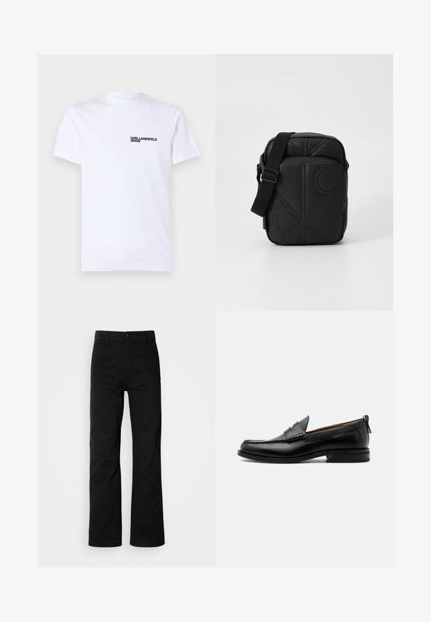 Hvid bomulds t-shirt med korte ærmer, en rund halsudskæring og et sort "KARL LAGERFELD JEANS" logo på venstre brystområde.; Sort bomuldsbukser med lige ben, der har knaplukning og bæltestropper. Glat tekstur og minimalistisk stil uden synlige mønstre.; Sort læder herre loafer med moc-tå syning, penny strop, struktureret krave og lav stablet hæl på hvid baggrund.; Sort quiltet crossover taske med justerbar rem, rektangulær form, prydet med præget logomønster og glat tekstur.