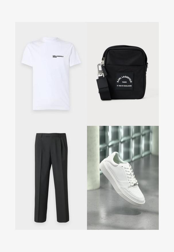 Hvid bomulds t-shirt med korte ærmer, en rund halsudskæring og et sort "KARL LAGERFELD JEANS" logo på venstre brystområde.; Sorte bukser lavet af glat stof med et lige ben-design, plisseret forside og standard linning med bæltestropper.; Hvid sneakers i læder med rundet snude, snørelukning foran og flad gummisål. Har perforerede detaljer og subtilt logoaccent.; Sort nylon crossbody taske med rektangulær form, med en frontpatch etikette, sølvhardware og en justerbar rem.