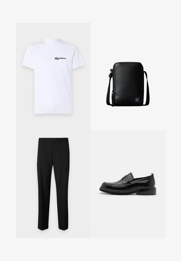 Hvid bomulds t-shirt med korte ærmer, en rund halsudskæring og et sort "KARL LAGERFELD JEANS" logo på venstre brystområde.; Sorte skræddersyede bukser med flad front, standard talje og lige ben. Lavet af glat stof, med en enkelt knaplukning.; Calvin Klein MOCCASIN - Business loafers - black; Sort tekstureret crossbody taske med justerbar rem og lynlås, med en lille firkantet logo i nederste hjørne.