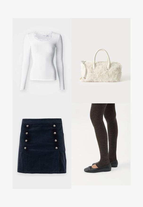 Hvid langærmet ribbet top med en scalloped blondeudskæring og en tætsiddende silhuet. Stoffet er glat med en blød tekstur.; Marineblå corduroy nederdel med lige pasform, fem metalliske knapper foran og to sidelommer for funktionalitet.; Ben iført mørke ribbede leggings kombineret med sorte balletsko med små sløjfedetaljer på hvid baggrund.; Lille hvid håndtaske med krøllet pelsstruktur, dobbelte håndtag og en aftagelig skulderrem mod en enkel lys baggrund.