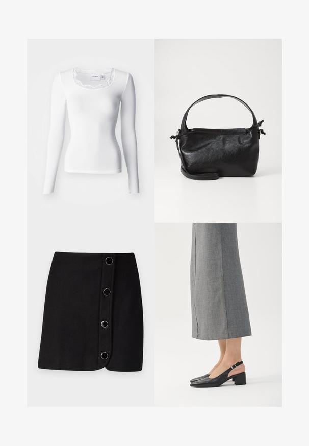Hvid langærmet ribbet top med en scalloped blondeudskæring og en tætsiddende silhuet. Stoffet er glat med en blød tekstur.; Sort mini nederdel med en omslag design, der har fem sølvrunde knapper langs fronten og en glat, mat tekstur.; Sorte læder slingback sko med spids tå, blokhæl og kontrasterende lyserød hælafslutning. Glat tekstur med minimalistisk design.; Sort læderhåndtaske med et struktureret design, rund tophåndtag og aftagelig skulderrem. Den har en glat tekstur og en subtil glans.