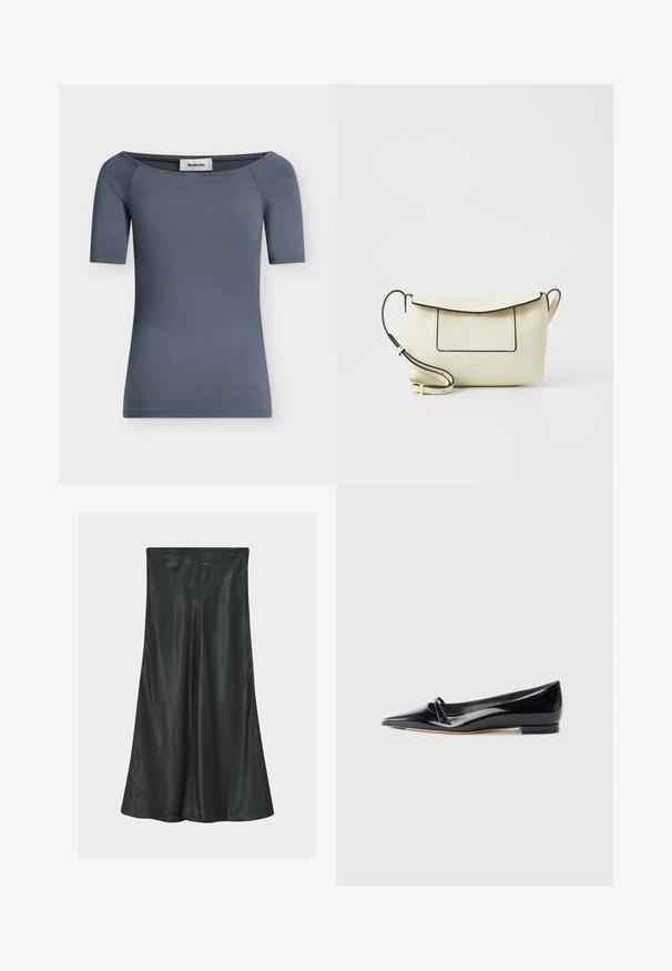 Top femme ajusté à manches courtes en gris foncé avec un large décolleté légèrement tombant sur l'épaule et une étiquette de marque visible à l'intérieur du col.; Jupe plissée noire avec une texture lisse et brillante, longueur aux genoux, dotée d'une taille haute et d'une silhouette évasée.; Chaussure plate en cuir verni noir avec un bout pointu, une petite lanière décorative et un petit talon carré. Texture lisse et design épuré.; Sac à main en cuir crème avec une finition texturée, des garnitures noires, une poche avant et une bandoulière réglable. La fermeture présente un design à rabat.