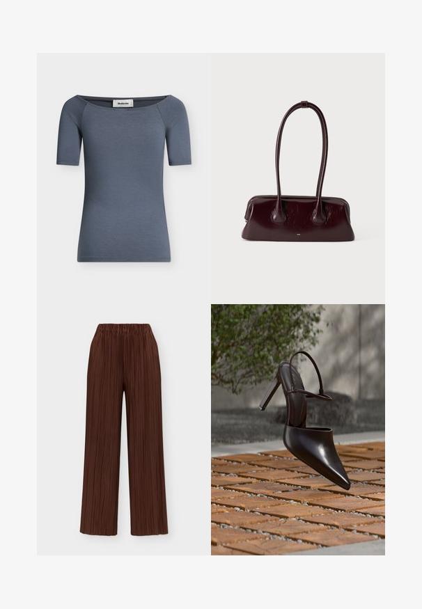 Top femme ajusté à manches courtes en gris foncé avec un large décolleté légèrement tombant sur l'épaule et une étiquette de marque visible à l'intérieur du col.; Pantalon marron à jambes larges avec plis verticaux et taille élastique, présenté à plat sur un fond clair.; Mule noire brillante à talons hauts avec bout pointu et bride à la cheville, suspendue au-dessus d'une surface carrelée en terre cuite avec des interstices remplis de gravier.; Sac à main en cuir brun foncé brillant avec de longues anses fines et une base rectangulaire structurée sur un fond clair uni.