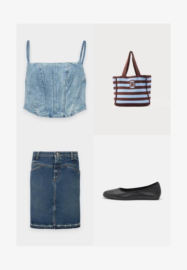 Lichtblauwe denim cropped top met dunne bandjes, gestructureerde lijfseams en een licht gebogen zoom. Beschikt over een soepele textuur.; Denimrok met een klassieke blauwe wassing, vijfzakkenontwerp en rafelige zoom. Sluit met een knoop en ritssluiting aan de voorkant.; Zwarte leren ballerina met een ronde neus, gladde textuur, minimale stikdetails en een flexibele zoolontwerp.; Bruin en lichtblauw gestreepte gehaakte draagtas met twee handvatten en een rechthoekige geborduurde patch aan de voorkant in het midden.