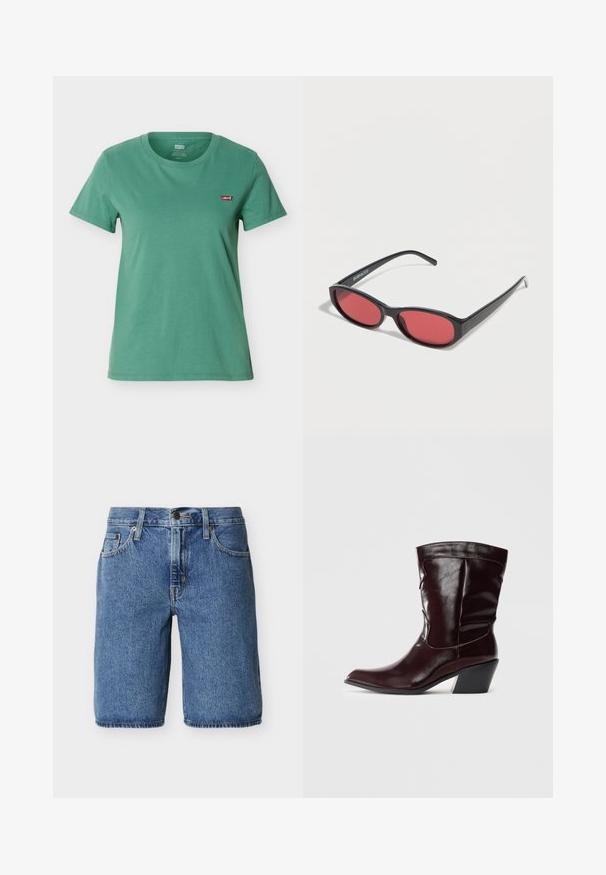 T-shirt vert à manches courtes avec col rond et petit patch du logo rouge Levi’s sur la poitrine gauche.; Shorts en denim bleu jusqu'au genou avec bouton et fermeture éclair à l'avant, poches avant et passants de ceinture sur un fond clair uni.; Bottines en cuir bourgogne avec un bout pointu, une surface texturée et un petit talon effilé. Présente une couture discrète et un ajustement confortable.; Lunettes de soleil ovales noires avec des branches fines et des verres teintés rouges posées sur une surface blanche.