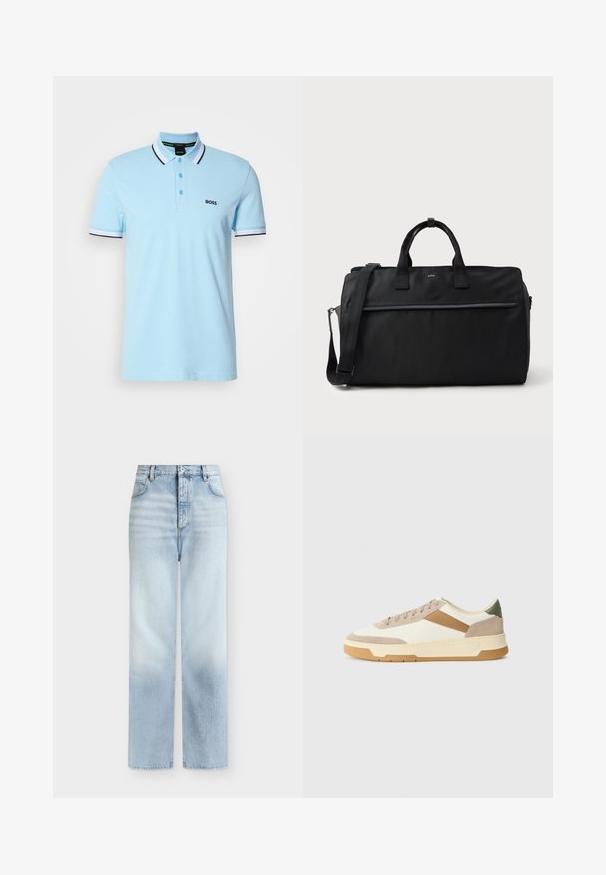 lichtblauw poloshirt met korte mouwen, met een wit en zwart gestreepte kraag en manchetten, drie knopen en het 'BOSS' logo op de linker borst.; Lichtblauwe, hoog getailleerde, rechte jeans met voorzakken, riemlussen en een knoopsluiting.; Sneakers in beige, crème en olijfgroen, met suede en leer, een ronde neus, een minimalistisch ontwerp en een rubberen zool.; Zwarte rechthoekige reistas met dubbele handgrepen, verstelbare schouderriem, voorzak met rits en klein "BOSS"-logo aan de voorkant.