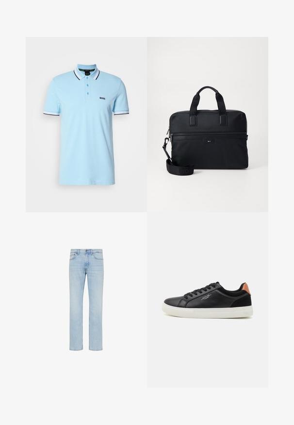 Helles blaues Poloshirt mit kurzen Ärmeln, weißem und schwarzem gestreiftem Kragen und Bündchen, drei Knöpfen und "BOSS"-Logo auf der linken Brust.; Hellblaue Straight-Leg-Jeans aus Denim mit vorderem Knopf, Reißverschluss und Fünf-Taschen-Design, gezeigt auf weißem Hintergrund.; Schwarze Ledersneaker mit weißer Gummisohle, runder Zehenpartie, Schnürverschluss und einem kontrastierenden Akzent aus braunem Wildleder an der Ferse. Minimalistisches Design.; Schwarze Nylontasche für Laptops mit zwei Griffen, einem abnehmbaren Trageriemen, einer Reißverschlusstasche und dezentem Branding. Strukturierte Oberfläche mit schlankem Design.