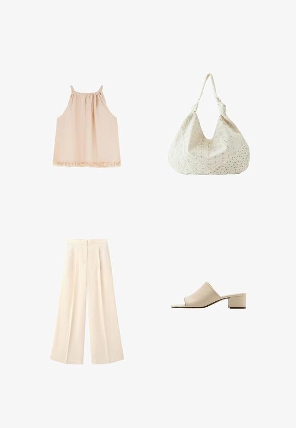 Débardeur rose clair sans manches avec un col froncé, un design fluide et un détail à franges sur l'ourlet, fabriqué en tissu doux et texturé.; Pantalon crème taille haute à jambes larges avec plis devant et fermeture dissimulée par boutons et zip.; Sandale mule beige à bout ouvert avec un petit talon bloc et une tige en cuir lisse, vue de profil sur fond blanc.; Sac à épaule en tissu couleur crème avec broderie florale à œillets et une seule bandoulière souple.