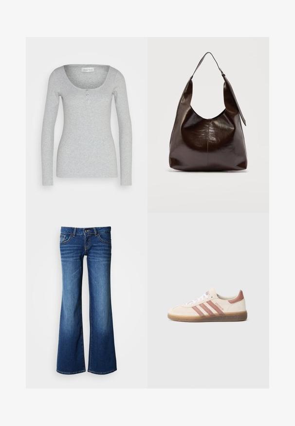 Langærmet grå top lavet af blødt, tekstureret stof. Har en rund halsudskæring og tre funktionelle knapper i midten foran.; Bukser af blå jeans i mørkeblå med udvidede ben. Har klassisk design med fem lommer, knaplukning og kontrastsyning. Glat tekstur.; Beige ruskindssneaker med pink detaljer, tre pink striber, hvide snørebånd og en gennemsigtig gummisål. "Spezial" branding på siden.; Mørkebrunt, skinnende læder skuldertaske med en enkelt bred rem og spændedetalje på den ene side, sat mod en ensartet lys baggrund.