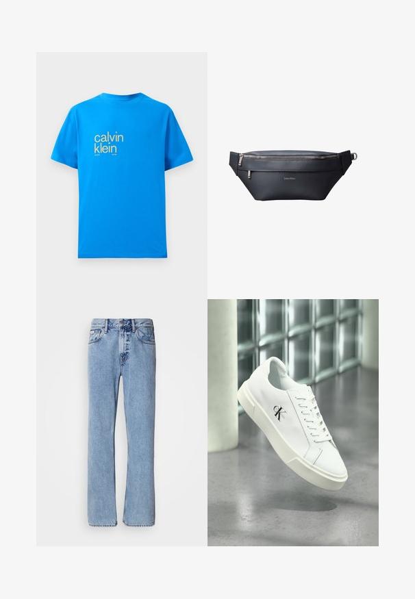 Lys blå bomulds t-shirt med korte ærmer, der har et stort gult "calvin klein" logo på forsiden samt teksten "new york city / since 1981".; Lyseblå denimjeans med lige ben design, fem lommer og knaplukning. Syninger nær lommer og talje.; Hvid Calvin Klein sneaker med snørebånd, vist svævende over en poleret betongulv og en baggrund af glasblokke.; Sort læder Calvind Klein bæltetaske med to lynlåslommer og justerbar rem med metalspænde.