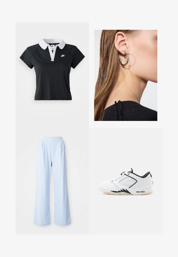 Polo noir à manches courtes avec un col blanc et une patte de boutonnage à l'avant, présentant un petit logo Nike blanc sur la poitrine gauche.; Pantalons larges bleu clair avec une texture lisse, taille élastique et détails plissés à l'avant. Fabriqués en tissu doux.; Baskets basses blanches avec accents noirs, panneau latéral perforé, semelle à coussin d'air et fermeture à lacets sur fond blanc uni.; Boucle d'oreille en argent avec une finition polie, présentant de petits détails en or et de forme ronde, portée sur le lobe.