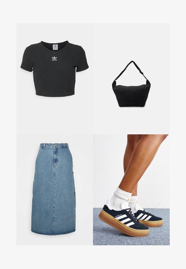 Čierne skrátené tričko vyrobené z bavlny, s okrúhlym výstrihom a krátkymi rukávmi. V strede sa nachádza biele vyšívané logo Adidas.; Obey Clothing JUNIPER MIDI SKIRT - sukňa v tvare A - stonewash indigo; Nohy v bielych ponožkách a čiernych teniskách Adidas Gazelle s bielymi pruhmi a hrubými hnedými podrážkami na sivom koberci.; Čierna textilná ramenná taška s mäkkým štruktúrovaným povrchom, zaobleným tvarom a jedným popruhom. Minimalistický dizajn bez viditeľného hardvéru alebo akcentov.
