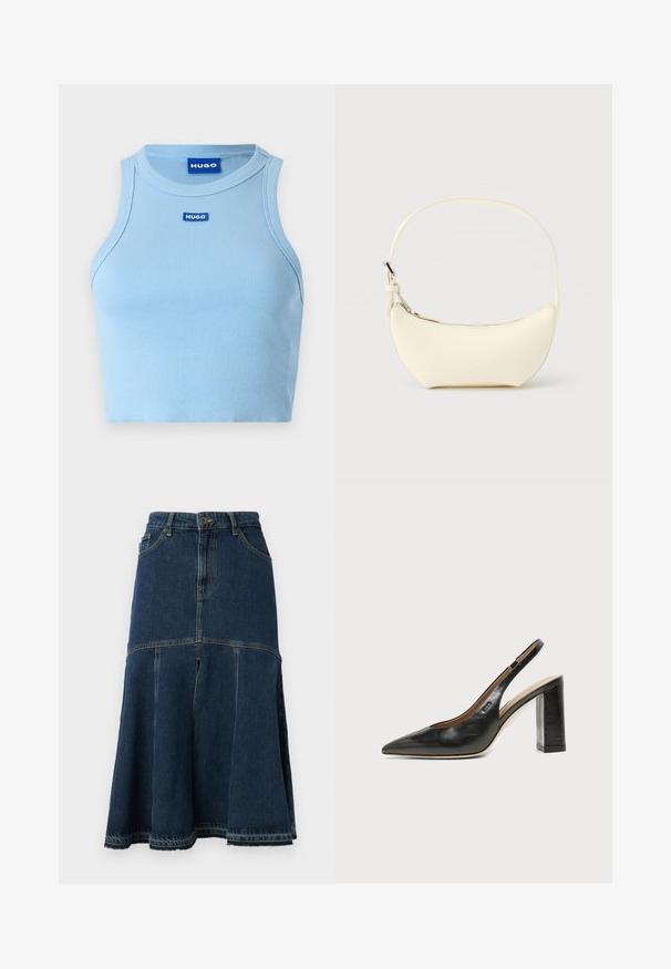 Lichtblauw geribbeld tanktop met een ronde hals. Bevat een klein blauw "HUGO" logo aan de voorkant. De stof lijkt zacht en aansluitend te zijn.; Denim rok in donk blauw met een uitlopende vorm, featuring een hoge taille, voorzakken en een ruwe zoom. Versleten textuur en stikseldetails.; Zwarte leren slingback schoen met spits toelopend neusje, hoge blokhak en beige binnenvoering tegen een effen lichte achtergrond.; Kleine, maansikkelvormige handtas van roomkleurig leer met een enkele riem en een ritssluiting aan de bovenkant, afgebeeld op een effen achtergrond.