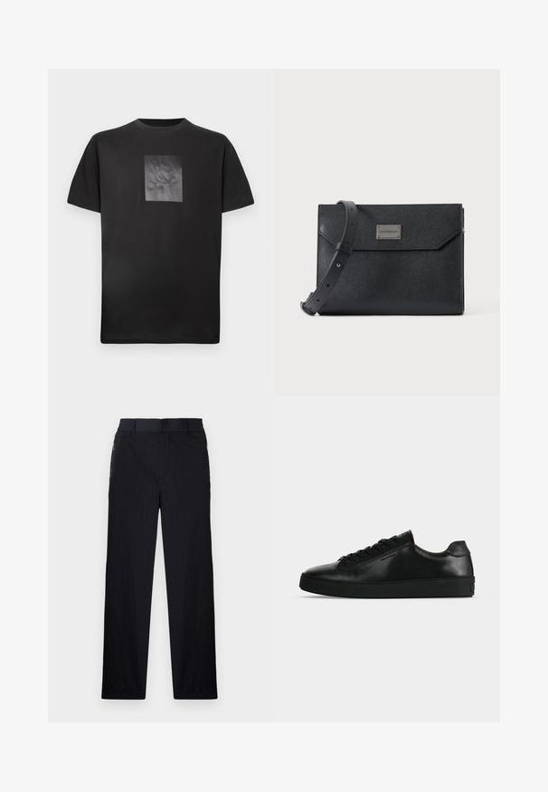 Μαύρο βαμβακερό t-shirt με ένα τετράγωνο, υφασμάτινο γραφικό στο μπροστά μέρος που διαθέτει ένα στιλιζαρισμένο λογότυπο. Κοντά μανίκια και στρογγυλή λαιμόκοψη.; Μαύρο παντελόνι με ελαφρύ, υφασματοποιημένο φινίρισμα, ευθύ γραμμή, ελαστική ζώνη στη μέση και πλαϊνές τσέπες με φερμουάρ.; Μαύρο δερμάτινο χαμηλό αθλητικό παπούτσι με μαύρα κορδόνια και χοντρή μαύρη σόλα, εμφανίζεται από το πλάι σε ανοιχτό γκρι φόντο.; Μαύρη υφασμάτινη δερμάτινη τσάντα χιαστί με ρυθμιζόμενο ιμάντα και μεταλλική πλάκα με λογότυπο στο μπροστινό μέρος, ορθογώνιο καπάκι σε στυλ φάκελου.