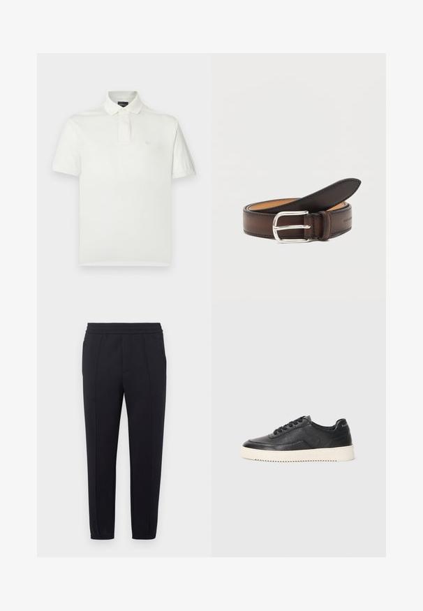 Polo blanc en coton doux, doté d'un col classique, de manches courtes et d'un petit logo sur la poitrine. Texture lisse.; Pantalon de jogging noir avec une taille élastique, des jambes fuselées, des poches latérales et une texture de tissu lisse. Présente des détails cousus le long des coutures.; Baskets en cuir noir avec finition texturée, bout rond et semelle plate en caoutchouc blanc. Présentent des lacets noirs et un logo sur le talon.; Ceinture en cuir marron foncé roulée avec une boucle rectangulaire argentée sur fond blanc.