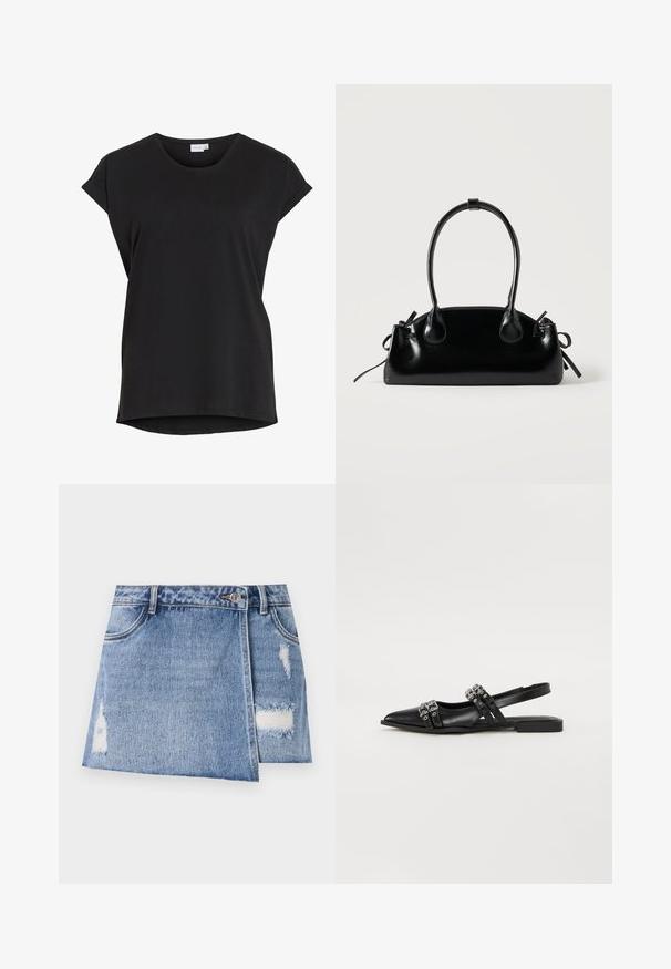 Sort kortærmet afslappet t-shirt med opkrøjede ærmer og rund halsudskæring fra mærket VILA.; Lysblå denim miniskørt med slidte områder og distressed detaljer. Har en frontknaplukning og traditionelt fem-lommer design.; Even&Odd by Zalando Slingback-ballerinasko - black; Lille sort blank håndtaske med to lange håndtag og snøre-detaljer i siden på en ensfarvet lys baggrund.