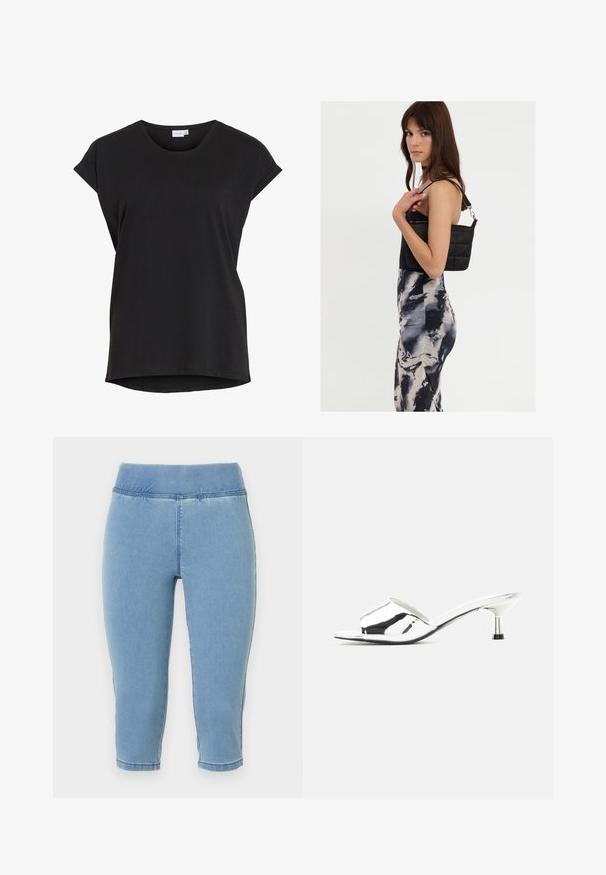 Musta lyhythihainen rento T-paita, jossa käännetyt hihansuut ja pyöreä pääntie, merkiltä VILA.; Valkoiset denim capri-housut, joissa on joustava vyötärö, sileä pinta ja ommellut saumat, jotka päättyvät juuri pohkeen alapuolelle.; Hopeanvärinen avoin varvasliukusandaali matalalla kissankorvakorolla ja kiiltävällä metallipinnalla neutraalilla taustalla.; Musta tikattu olkalaukku, jossa on yksi hihna ja hopeiset yksityiskohdat, yhdistetty istuvaan krakleerauskuosiseksi mekkoon mustan ja kerman sävyissä.