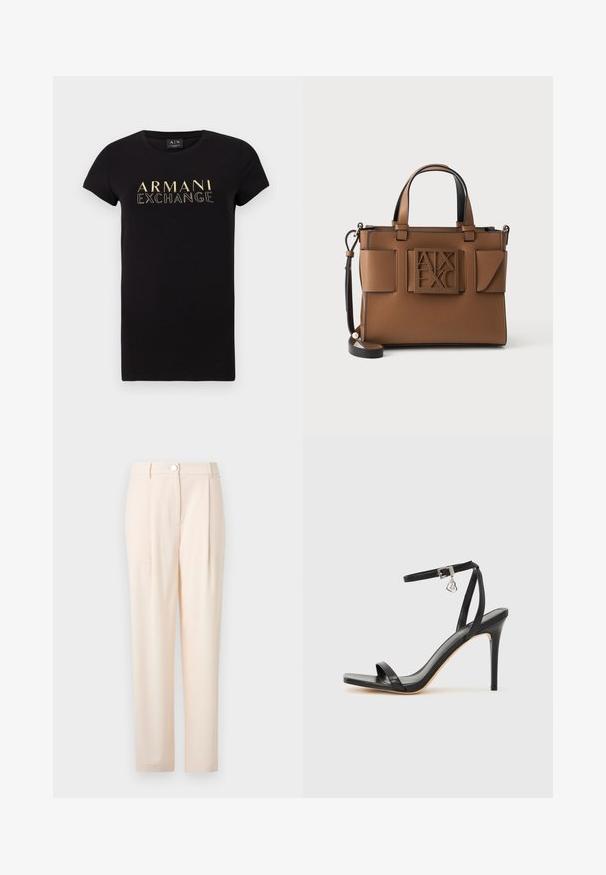 T-shirt noir à manches courtes avec un col rond, présentant un logo doré "ARMANI EXCHANGE" imprimé sur le devant. Matière en coton.; Un pantalon beige clair au design ajusté, comportant un fermoir à l'avant, un tissu lisse, une coupe droite et sans motifs ni accents visibles.; Sandale à talon haut noire avec une bride étroite à la cheville, bout carré, cuir lisse et accent de boucle métallique.; Sac à main en cuir marron avec deux anses, une bandoulière noire amovible, des poches avant et une plaque logo en relief indiquant A|X EXC.