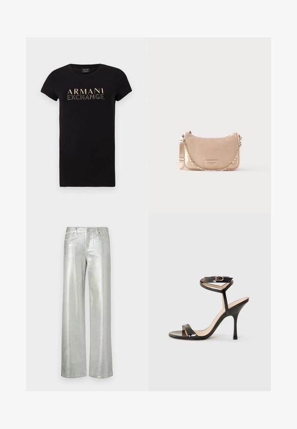 T-shirt noir à manches courtes avec un col rond, présentant un logo doré "ARMANI EXCHANGE" imprimé sur le devant. Matière en coton.; Pantalons larges argentés en tissu métallique. Dotés de deux poches avant et d'une fermeture éclair. Texture lisse et finition brillante.; Sandale à talons hauts en cuir verni noir avec une fine bride de cheville et une boucle, orteil ouvert et talon aiguille mince sur fond blanc.; Sac à main rose pâle avec une silhouette incurvée, en cuir lisse, et une bandoulière en chaîne. Présente un patch logo à l'avant.