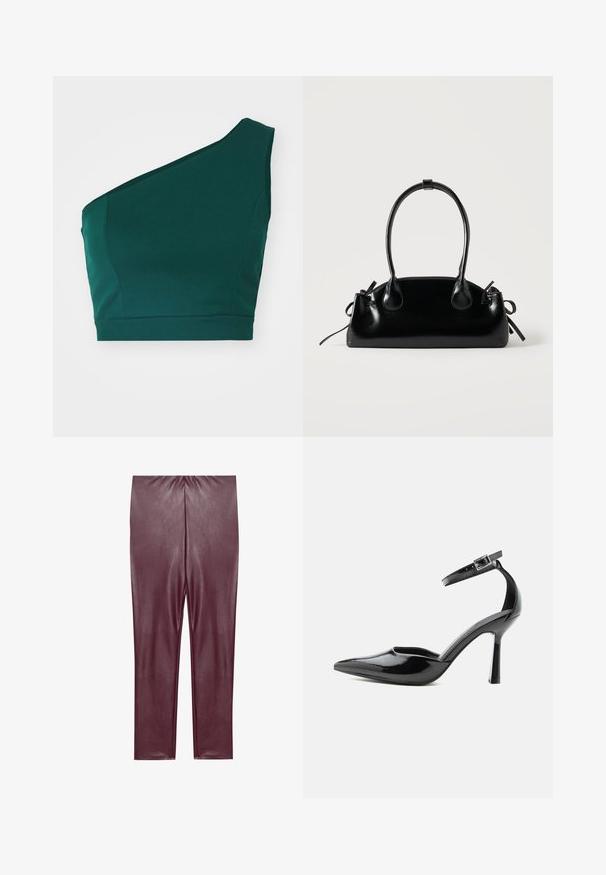 Kumerohke roheline crop top, mis on valmistatud siledast kangast, ühe õlavarre rihmaga ja sobiva alläärega.; Burgundi värvi faux nahast legginsid, millel on sile tekstuur, kõrge vöökoht ja fitted disain, ulatudes jalatallani ilma lisadekotta.; Mustast lakknahast terava varbaga kõrge kontsaga king, ümber pahkluu rihm ja hõbedane pandlaga, tikk-konts, külgvaade ühtlasel taustal.; Väike must läikiv käekott kahe pika sangaga ja külgedel paelakinnitustega, ühel lihtsal helel taustal.