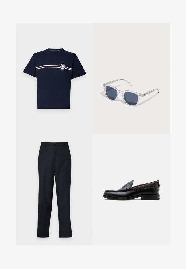 Camiseta de algodón navy de manga corta. Presenta un cuello redondo, dos franjas horizontales blancas en el pecho y un detalle de logo en el lado izquierdo.; Pantalones azul marino de tejido suave, con un diseño de pierna recta, cierre de un solo botón y suaves plisados en la parte frontal.; Mocasín de hombre de piel negra con costura moc toe, tira penny, cuello texturizado y tacón bajo apilado sobre fondo blanco.; Gafas de sol de plástico transparente con lentes de color azul oscuro, forma rectangular, acentos decorativos plateados en las varillas y un patrón texturizado en las patillas.