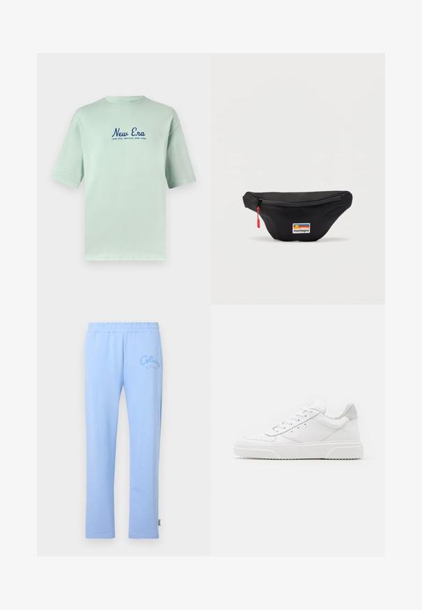 Mintgrønt bomulds T-shirt med korte ærmer, med navyblå "New Era" tekst og "Lake Erie, Buffalo, New York" trykt nedenunder.; Lyseblå bomulds sweatpants med elastisk liv. Har broderet "Colucci" logo på venstre side og lige ben design.; Hvide lædersneakers med en glat finish, rund tå, flade snørebånd og en struktureret sål. Grå ruskindsdetalje ved hælen.; Sort bælteväske med en rød lynlåstrækker og et rektangulært "montagne" logoemblem med en sol og striber på forsiden.
