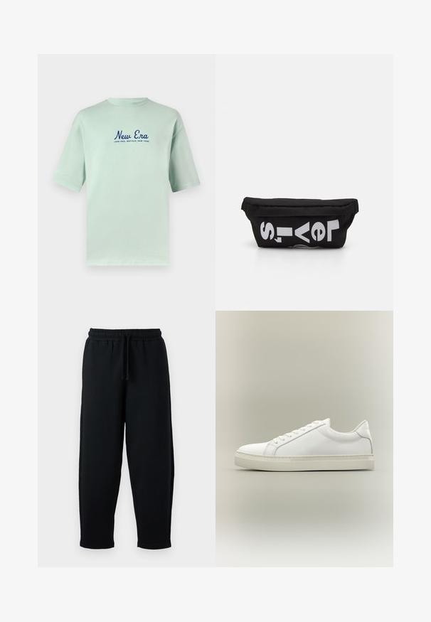 Mintgrønt bomulds T-shirt med korte ærmer, med navyblå "New Era" tekst og "Lake Erie, Buffalo, New York" trykt nedenunder.; Sorte sweatpants med elastisk talje og snøre. Lavet af blødt stof, med en afslappet pasform og tapered ben-design.; Hvid lavtop sneaker med snørebånd foran og tyk sål, vist fra siden mod en neutral baggrund.; Sort stoftaske med flad form, prydet med fed hvid tekst. Lynlåsen er placeret øverst, med en løkke detalje på den ene side.