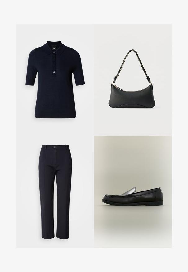 Polo bleu marine fabriqué en tissu lisse, avec un col, des manches courtes et une patte de boutonnage avec un petit détail de logo.; Pantalons bleu marine à jambe droite, confectionnés dans un tissu lisse. Comprend des poches avant et une fermeture à bouton à la taille.; Mocassin en cuir noir avec couture moc toe, petit talon et design à enfiler sur fond neutre.; Sac à bandoulière en cuir noir de forme rectangulaire incurvée, avec une chaîne dorée tissée dans la bandoulière noire tressée et une fermeture éclair sur le dessus.
