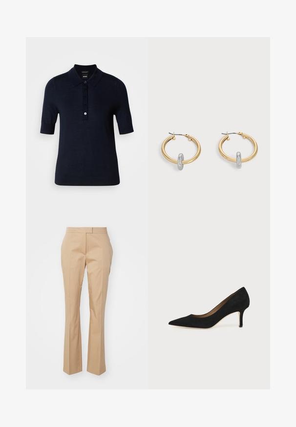 Polo bleu marine fabriqué en tissu lisse, avec un col, des manches courtes et une patte de boutonnage avec un petit détail de logo.; Pantalons beiges ajustés avec une coupe droite, fabriqués en tissu lisse, présentant un devant plat et sans poches visibles.; Escarpin en daim noir à bout pointu avec un talon stiletto fin de hauteur moyenne et un design à coupe basse sur un fond uni.; Paire de boucles d'oreilles créoles dorées avec un petit détail boucle ton argent sur chaque, exposées sur fond gris clair.