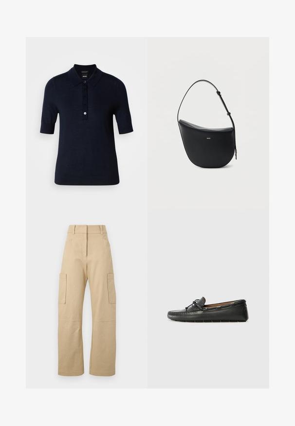 Polo de color azul marino hecho de un tejido suave, con cuello, mangas cortas y una tapeta de botones con un pequeño detalle de logo.; Pantalones cargo beige de algodón, con una cintura alta, perneras anchas, dos bolsillos laterales y dos grandes bolsillos cargo en los muslos.; Zapato náutico de cuero negro con punta redondeada, detalles de costura, pequeño lazo decorativo y suela de goma. Textura suave y diseño aerodinámico.; Bolso de hombro de cuero negro en forma de media luna, con correa ajustable y logo dorado "BOSS" centrado en el frente.