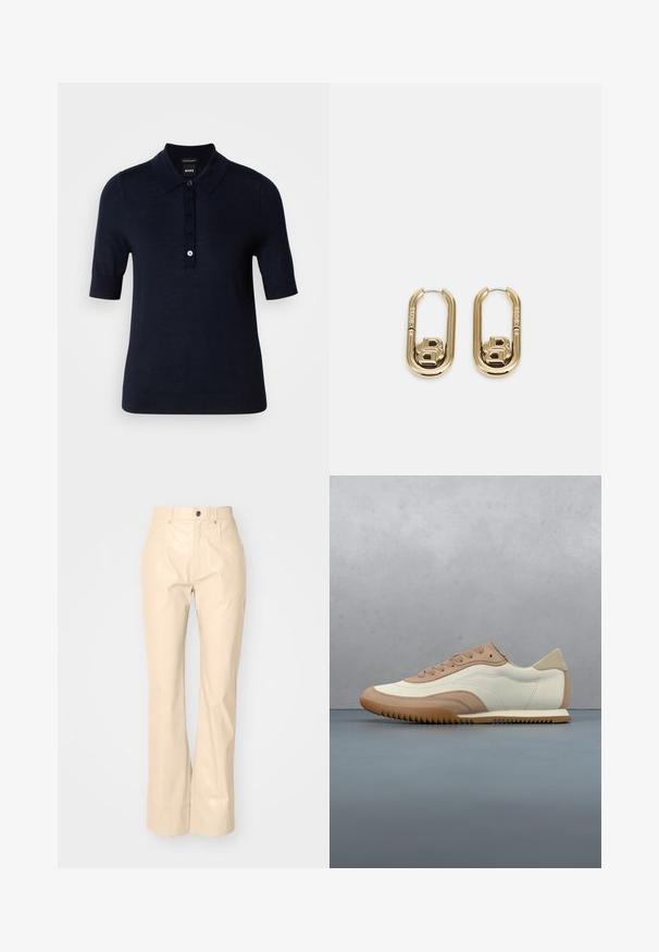 Mørkeblå polo skjorte lavet af et glat stof, med krave, korte ærmer og en knaplukning med små logo detaljer.; Beige faux læder fløjsbukser med en glat overflade, der har frontlommer, knaplukning og en subtil shiny finish.; Sneaker i creme og beige med tekstureret overdel, snørebånd og gummisål, vist oven på en træoverflade med småsten.; BOSS DOUBLE B SWING - Øreringe - gold-coloured