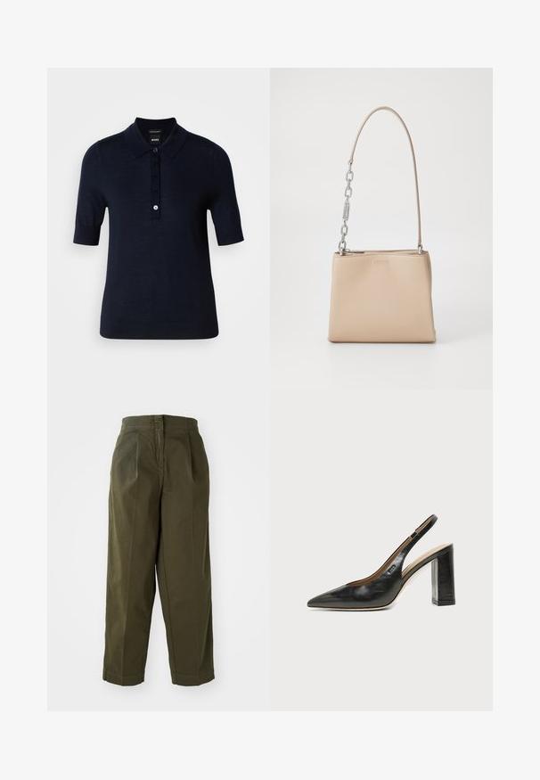 Polo bleu marine fabriqué en tissu lisse, avec un col, des manches courtes et une patte de boutonnage avec un petit détail de logo.; Pantalons larges vert olive, taille haute, avec des plis avant et des ourlets retroussés. Fabriqués en tissu léger avec une texture lisse.; Chaussure slingback en cuir noir à bout pointu avec un talon bloc haut et une doublure intérieure beige sur un fond clair uni.; Sac à main en cuir beige au toucher lisse, avec une accent en chaîne argentée sur la poignée et une fermeture éclair. "HUGO" embouti à l'avant.