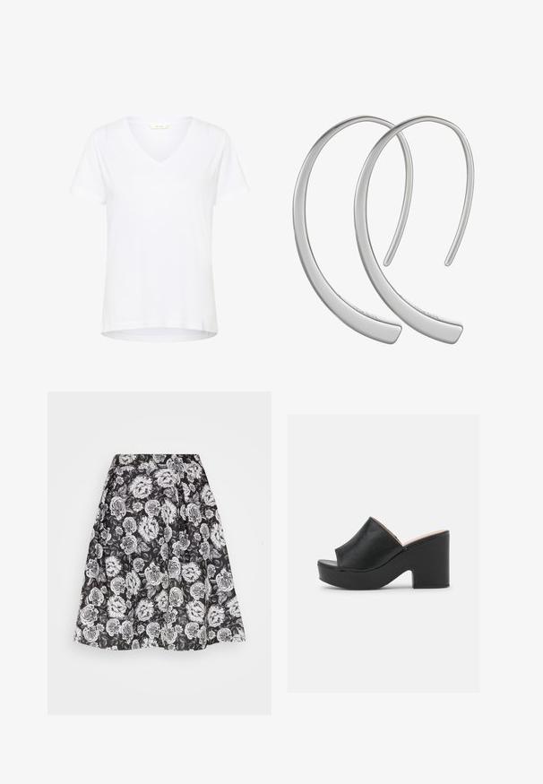 T-shirt blanc à manches courtes avec un col en V, en tissu doux, doté d'une coupe décontractée et d'un ourlet droit avec des détails de couture minimaux.; Anna Field by Zalando Jupe plissée - black/white; Des mules ouvertes en cuir noir présentent une large lanière avant et un talon en plateforme épais et haut avec une texture lisse. Vue de côté présentée.; Boucles d'oreilles en métal argenté en forme de croissant, avec une surface lisse et brillante. Elles présentent un design minimaliste sans motifs visibles.