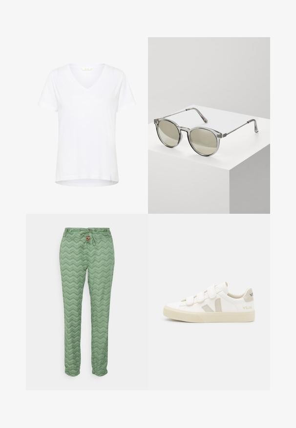 T-shirt blanc à manches courtes avec un col en V, en tissu doux, doté d'une coupe décontractée et d'un ourlet droit avec des détails de couture minimaux.; Ragwear TALIN CHEVRON - Pantalon classique - dusty green; Baskets blanches avec des bandes Velcro, accents en daim beige, semelle en caoutchouc texturée et logo V gris. Design minimaliste, forme arrondie.; Lunettes de soleil rondes avec des montures grises transparentes et des verres teintés en gris. Éléments en métal sur les branches et bras courbés pour la stabilité.