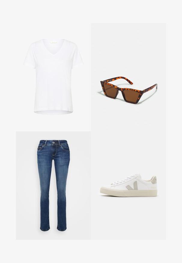 T-shirt blanc à manches courtes avec un col en V, en tissu doux, doté d'une coupe décontractée et d'un ourlet droit avec des détails de couture minimaux.; Jean en denim dans un bleu moyen, avec une coupe slim droite, cinq poches et des coutures contrastées sur la ceinture et les bords des poches.; Baskets blanches en cuir avec des accents gris en forme de V, semelle en caoutchouc texturé, lacets blancs, et languette et col rembourrés.; Lunettes de soleil teintées de brun avec un motif écaille de tortue, monture angulaire et branches fines. Matériau en plastique léger.