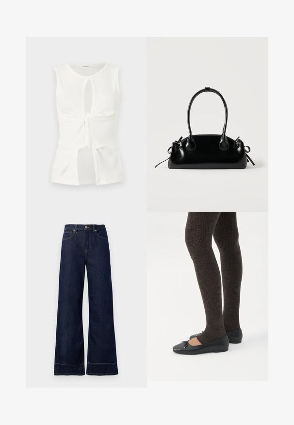 Haut blanc sans manches avec encolure ronde, détail torsadé à l'avant, découpes en forme de goutte en haut et en bas, et une texture de tissu douce et lisse.; Jean large bleu foncé en denim. Caractéristiques : fermeture par bouton, détails de couture et poches latérales. Ourlet évasé en bas.; Jambes portant des leggings côtelés foncés associés à des ballerines noires avec de petits détails en nœud sur fond blanc.; Petit sac à main noir brillant avec deux longues anses et des détails à cordon sur les côtés sur un fond clair uni.