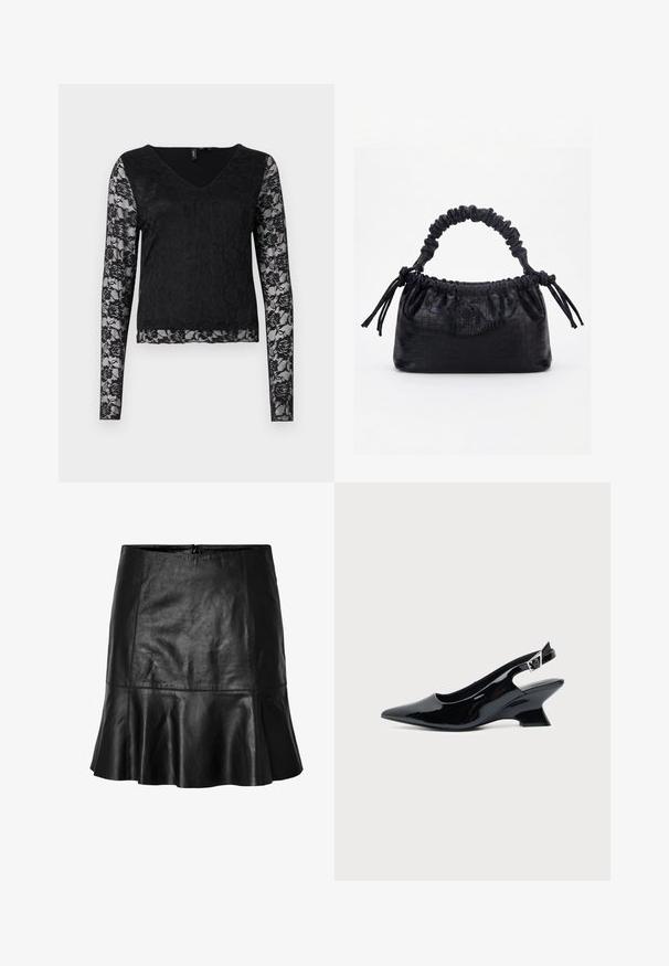 Zwarte lange mouw top met een V-hals, een effen zwart lijfje en sheer kantmouwen met bloemmotieven. Over het geheel een gladde textuur.; Zwart leren mini-jurk met uitlopende zoom en zichtbare stiksels, met een ritssluiting aan de achterkant.; Zwarte lakleren slingback schoen met spitse neus en lage schuine blokhak op een effen lichte achtergrond.; Zwarte handtas met krokodillenstructuur, geplooide bovenrand, samengevoerde handgreep en koordtassels aan elke kant tegen een witte achtergrond.
