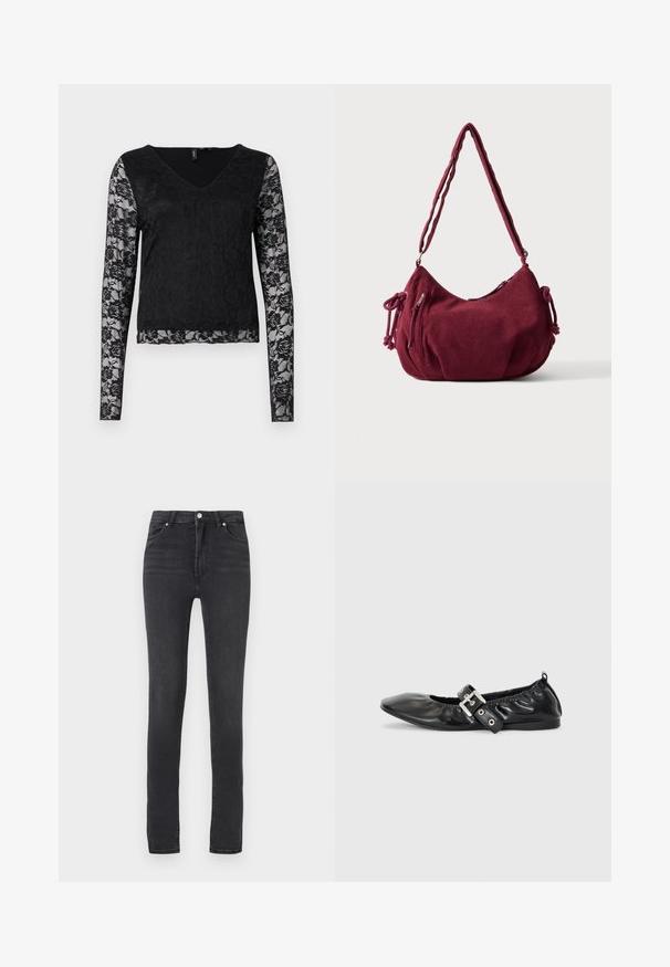Sort langærmet top med v-hals, ensfarvet sort krop og gennemsigtige blondeærmer med blomstermønstre. Glat tekstur overalt.; Sorte skinny jeans med høj talje, lavet af stræk denim, med bæltestropper, minimal syning og et klassisk fem-lomme design.; Sorte læder flade sko med spids tå, samling detaljer omkring åbningen, og en sølv spænde accent på den justerbare rem.; Blød bordeaux kordfløjls skuldertaske med justerbar rem, lynlås lukning, sidelommer med bindebånd og en front lynlåslomme.