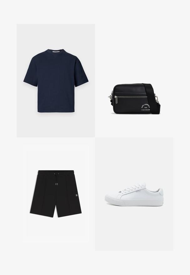 Marineblaues Kurzarm-T-Shirt mit V-Ausschnitt, aus weichem Material, mit lockerer Passform und minimalistischem Design, ohne sichtbare Muster oder Beschläge.; Schwarze knielange Shorts mit Seitentaschen, Kordelzug an der Taille und kleinem weißen "HUGO"-Logo am rechten Bein.; Weiße Leder-Sneaker mit glatter Oberfläche, niedrigem Design, runder Spitze und flacher Gummisohle. Ausgestattet mit flachen Schnürsenkeln und minimaler Markenkennung.; Schwarze synthetische Umhängetasche mit silbernem Reißverschluss, verstellbarem Trageriemen und Logo-Print. Die Tasche hat eine rechteckige Form und eine glatte Textur.