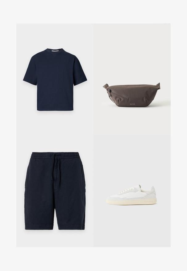 Marineblauw korte mouwen t-shirt met een V-hals, gemaakt van zacht materiaal, met een ontspannen pasvorm en minimalistisch ontwerp, zonder zichtbare patronen of hardware.; Marine linnen shorts met een elastische tailleband en aansnoerkoord, met een relaxte pasvorm en een licht gestructureerd oppervlak.; Witte sneaker met een bovenwerk van gestructureerd suède en leer. Voorzien van een afgeronde neus, vetersluiting en een contrasterende beige rubberen zool.; Donkerbruine stoffen heuptas met diagonale ritssluiting en klein wit logo aan de voorkant, tegen een effen lichte achtergrond.