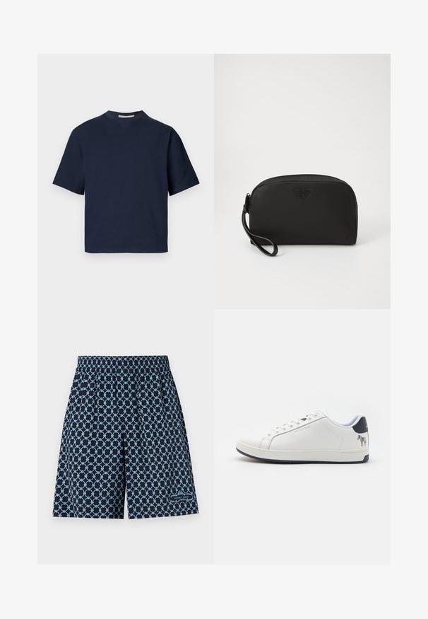 Marineblaues Kurzarm-T-Shirt mit V-Ausschnitt, aus weichem Material, mit lockerer Passform und minimalistischem Design, ohne sichtbare Muster oder Beschläge.; Marineblaue Shorts mit hellblauem geometrischem Schlaufenmuster, elastischem Taillenbund und kleinem "Sandro Paris"-Logo in der Nähe des Saums am rechten Bein.; Weiße Leder-Sneaker mit glatter Textur, runder Zehenform, marineblauem Absatzakzent und einem Zebra-Motiv auf der Rückseite. Mit Schnürdesign.; Schwarze Kosmetiktasche aus glattem Material, runde Form, mit Reißverschluss, einem Handgelenkriemen und geprägtem Logo auf der Vorderseite.