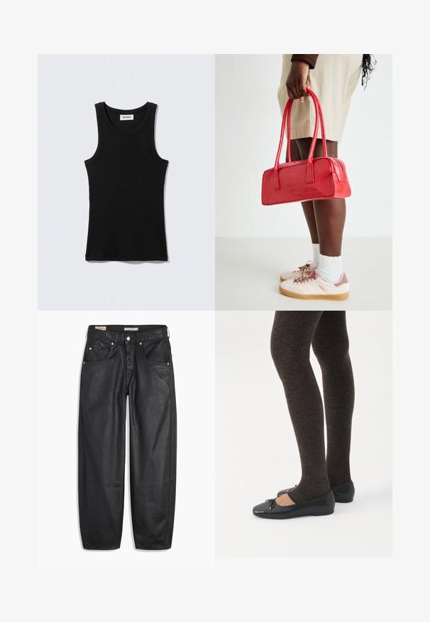Débardeur noir en coton, avec un col rond et des bretelles étroites. Design simple, sans motifs ni accents visibles.; Jean en denim noir avec une coupe large, dotés de poches avant, d'une fermeture à bouton et d'une texture lisse. Le tissu semble robuste.; Jambes portant des leggings côtelés foncés associés à des ballerines noires avec de petits détails en nœud sur fond blanc.; Sac à main rouge en cuir gaufré crocodile avec deux poignées et fermeture éclair. Forme rectangulaire, texture lisse et finition brillante.