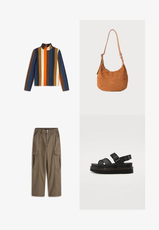 Haut à col roulé à manches longues avec de larges rayures verticales marron, bleu marine, crème, orange et bleu, doté d'une coupe ajustée et d'un col côtelé.; Pantalons cargo verts olive avec une coupe décontractée, taille élastique, deux poches latérales et un détail de couture contrastée. Tissu durable.; Sandales à plateforme noires en cuir, avec des brides entrecroisées et une sangle de cheville réglable à boucle. Semelle texturée avec un motif en zigzag.; Sac à main en daim beige avec un design incurvé, une bandoulière ajustable, une fermeture éclair en métal et un détail de logo embossé à l'avant.
