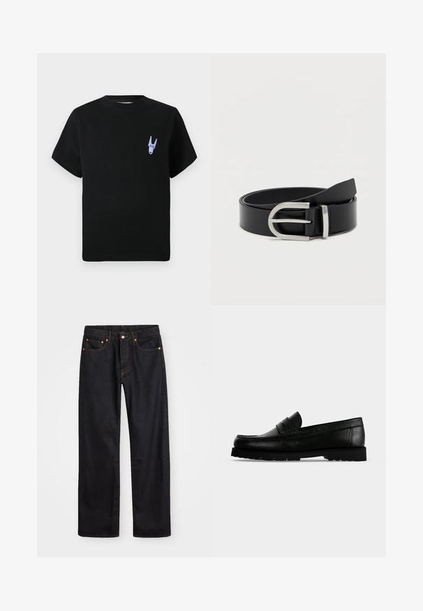 Sort bomulds T-shirt med korte ærmer, med en lille lilla grafisk detalje på venstre brystområde. Enkel, kasseformet design.; Mænds lige ben sorte denim jeans med fem lommer og orange syninger, knap- og lynlåslukning foran på taljen.; Sort læder penny loafer sko med tekstureret overdel og tyk rillesål, vist i sideprofil på ensartet lys baggrund.; Sort læderbælte med en glat overflade, der har en sølvmetalklausul og en klassisk rektangulær form.