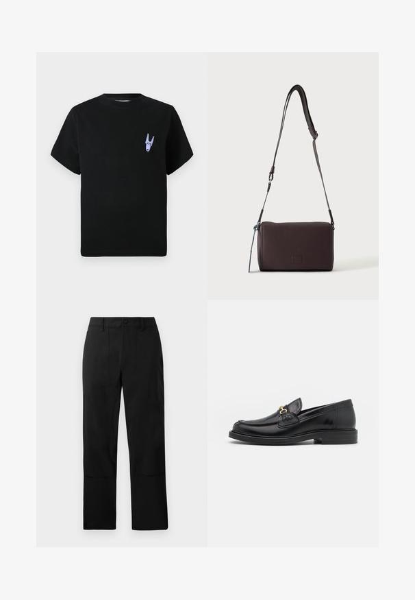 Camiseta de algodón negra con mangas cortas, que presenta un pequeño gráfico morado en la parte izquierda del pecho. Diseño sencillo y rectangular.; Pantalones negros de tela suave, con un diseño frontal plano, dos bolsillos delanteros y un corte de pierna recta con sutiles detalles de costura.; Mocasines de cuero negro con punta redondeada, que cuentan con un detalle de herrajes dorados y costuras, situados sobre una suela de goma texturizada y baja.; Bolso bandolera de cuero marrón oscuro con textura, correa ajustable y pequeño adorno decorativo azul en el lateral.