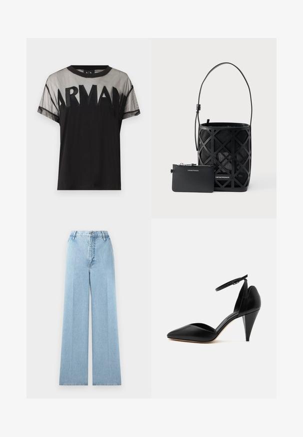 T-shirt noir à manches courtes avec une partie supérieure en maille transparente et un texte audacieux "ARMANI" sur la poitrine en tissu noir assorti.; Jeans larges bleu clair en denim avec une taille haute, comprenant cinq passants de ceinture, une fermeture à bouton à l'avant et des coutures cousues.; Escarpin en cuir noir à bout pointu avec bride à la cheville et talon conique sur fond blanc.; Sac à main noir de style seau avec un design géométrique découpé et une petite pochette zippée assortie, tous deux de la marque Emporio Armani.