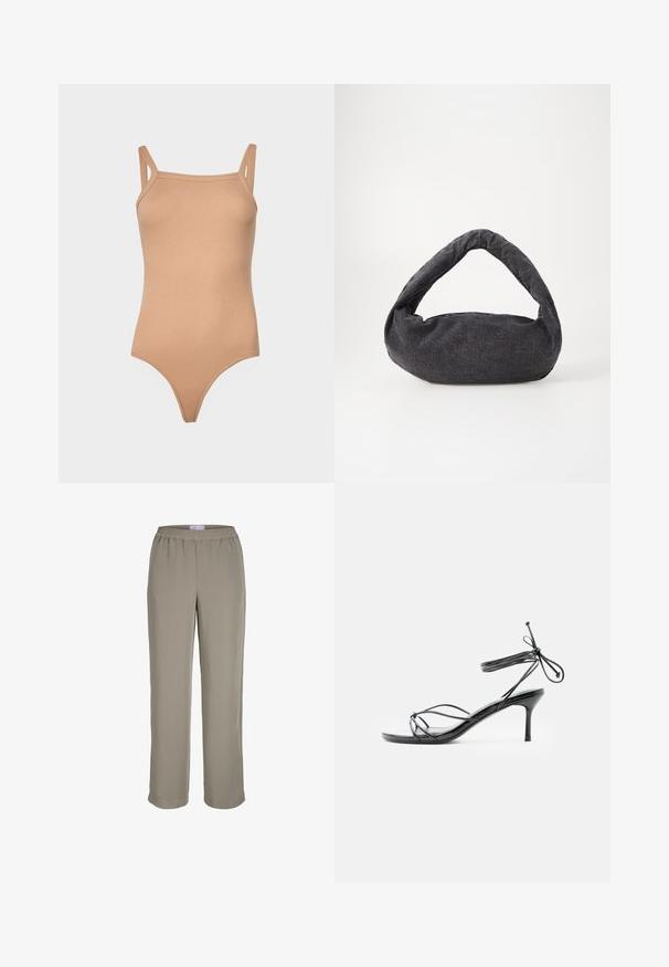 Beige ribbattuuhkone, jossa on säädettävät olkaimet, pyöreä kaula-aukko ja kapea siluetti. Siinä on korkea lahje ja minimisaumat.; Vaaleanruskeat suorat housut, joissa on joustava vyötärö, ei näkyviä taskuja tai koristeita, esitetty valkoisella taustalla.; Musta remmillä varustettu korkokenkä, jossa ohut nilkan ympärille sidottava nauha ja keskipitkä stiletto-korko valkoisella taustalla.; Tummanharmaa kangaskassi, jossa on kaareva kahva, pehmeä tekstuuri ja pyöreä muoto. Ei näkyvää varustusta tai koristeita.