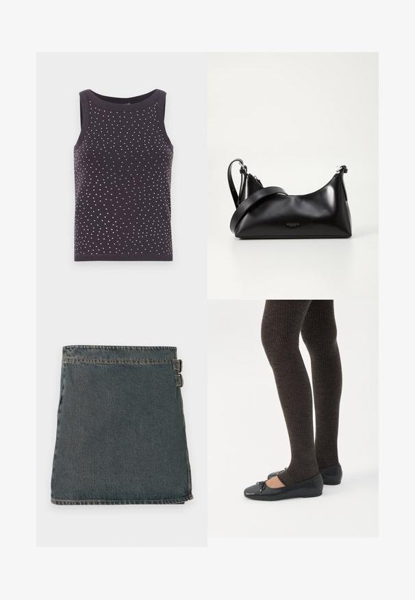 Zwarte tanktop met een ronde halslijn en zonder mouwen, voorzien van een verspreid patroon van kleine zilveren studs. Zachte stof.; Denim wikkelrok in donkerblauw met een gemarmerde oppervlakte, voorzien van twee zijgespen en een rechte zoom. Gestikte naden zichtbaar langs de randen.; Benen met donkere geribbelde leggings gecombineerd met zwarte ballerina's met kleine strikdetails op een witte achtergrond.; Zwarte leren handtas met een gladde textuur. Beschikt over een verstelbare schouderband en een strak, minimalistisch ontwerp met een ritssluiting.